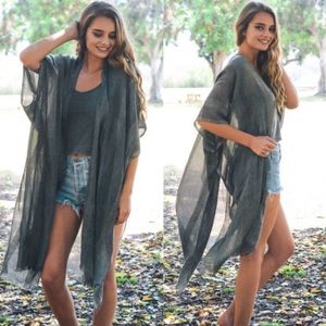 Charcoal gray embroidered raw hem bohemian kimono One Size OS